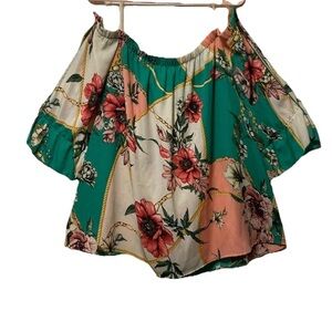 Lilian 3X Plus Size Floral Off-Shoulder Blouse - Green and Coral
